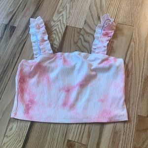 White and pink tie dye, ribbed, scrunch strap tank top